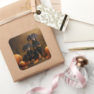 Sticker Carré Doberman Chiot Automne Citrouille de plaisir
