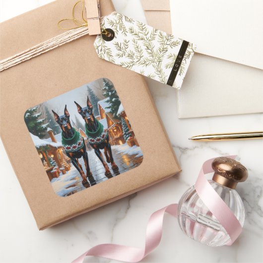 Sticker Carré Doberman Dogs Christmas Snow Holiday (Cadeaux)