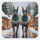 Sticker Carré Doberman Dogs Christmas Snow Holiday (Devant)