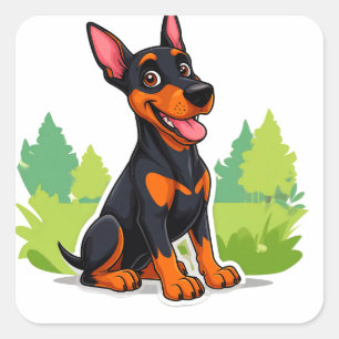 Sticker Carré Doberman Pinscher de dessin animé joyeux assis à l