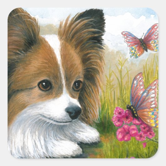 Sticker Carré Dog 123 Papillon dog with Butterflies (Devant)