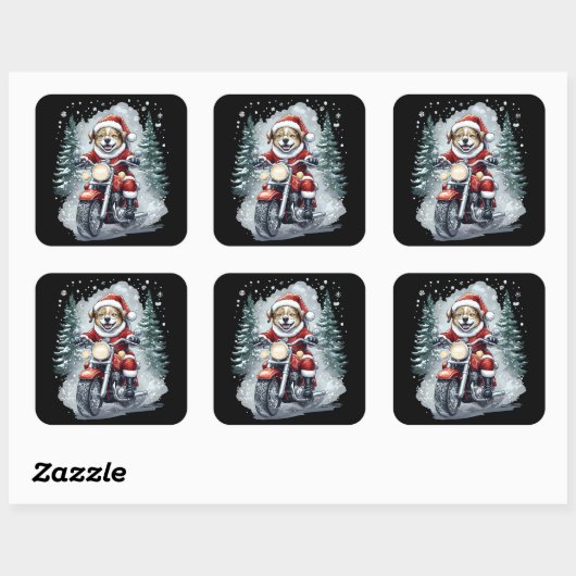 Sticker Carré Dog Santa Motorcycle Black Background (Feuille)