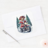 Sticker Carré Dog Santa Riding Motorcycle Snowy Forest (Enveloppe)