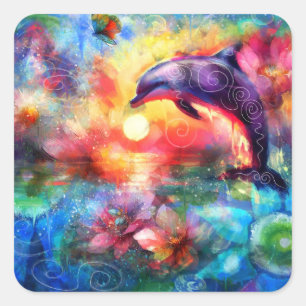 Sticker Carré Dolphin lunaire Côtier Nautique Floral Turquoise