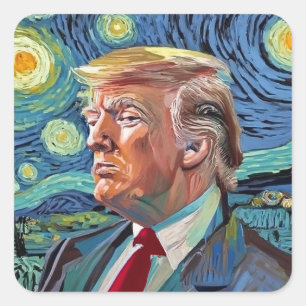 Sticker Carré Donald Trump Starry Night Van Gogh Art Style 2024