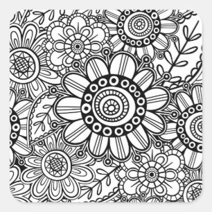 Sticker Carré Doodle Folk Art Floral Line Motif de dessin