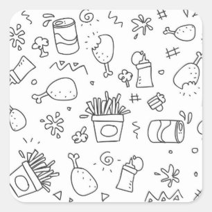 Sticker Carré Doodle noir et blanc Motif de restauration rapide