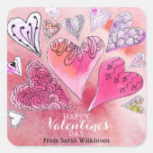 Sticker Carré Doodle romantique Aquarelle Coeurs Saint-Valentin (Devant)