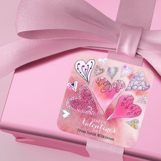 Sticker Carré Doodle romantique Aquarelle Coeurs Saint-Valentin