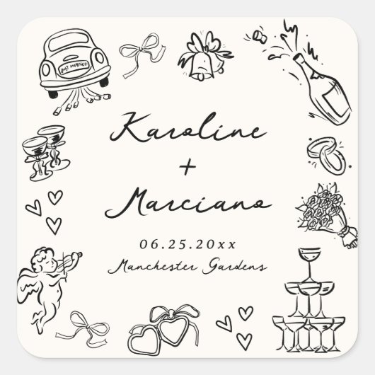 Sticker Carré Doodles Mariages dessinés à la main (Devant)