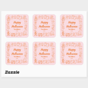 Sticker Carré Doodles rose orange quirky à la main tiré Hallowee