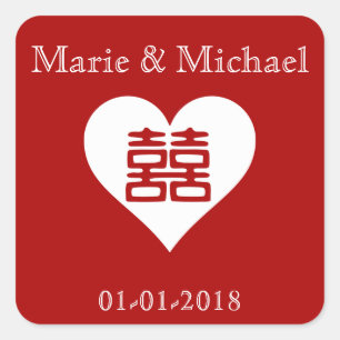 Sticker Carré Double Bonheur ・ Coeur ・ Rouge gras