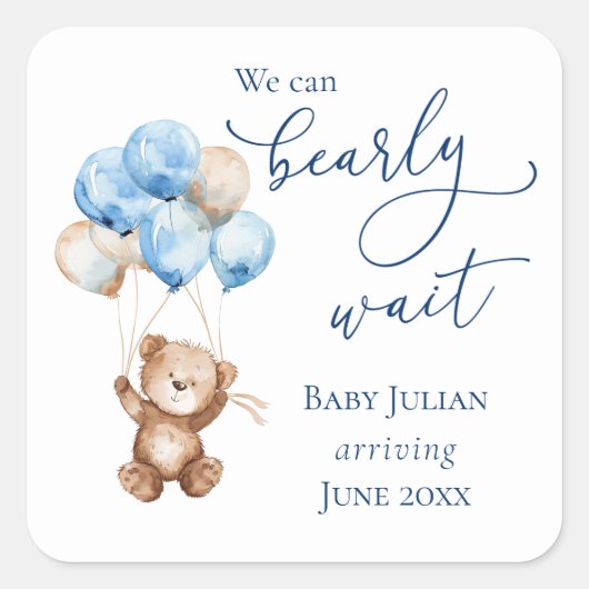 Sticker Carré Douce Attente Ours en Peluche Bleu Baby Shower (Devant)