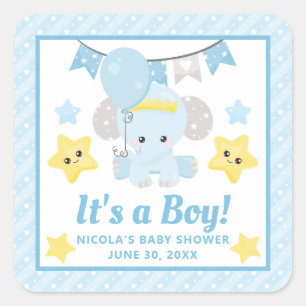 Sticker Carré Douce Baby-Shower Éléphant Bleu C'est un Garçon