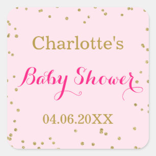 Sticker Carré Douce Baby Shower Rose Pâle Paillettes Or Confetti