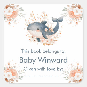 Sticker Carré Douce Baleine Florale pour Baby Shower 