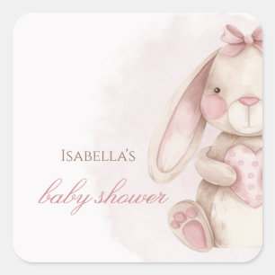 Sticker Carré Douce Fête de Naissance Aquarelle Lapin Rose