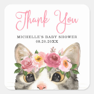 Sticker Carré Douce Fille au Chat à l'Aquarelle Baby Shower