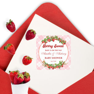 Sticker Carré Douce Fraise Rose Vichy Baby Shower 