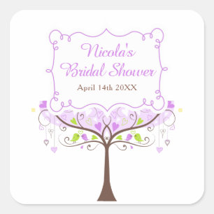 Sticker Carré Douce Mariage Fleurie Oiseaux Violet et Vert 