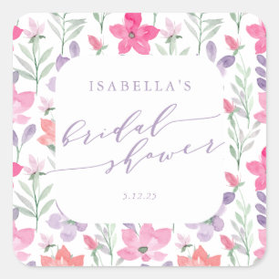 Sticker Carré Douce Mariée Fleurs Aquarelle Rose Violet Personna