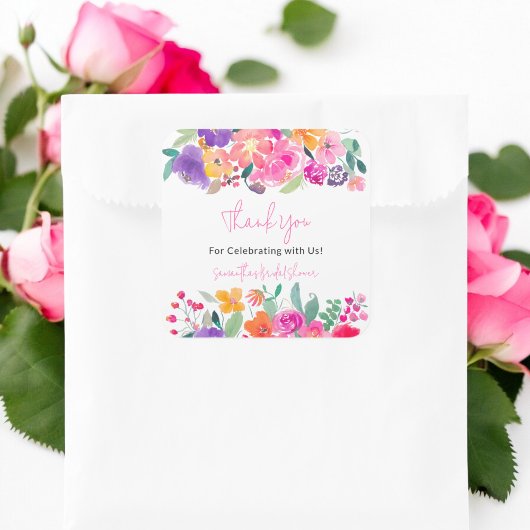 Sticker Carré Douce soirée de mariage rose vif floral aquarelle