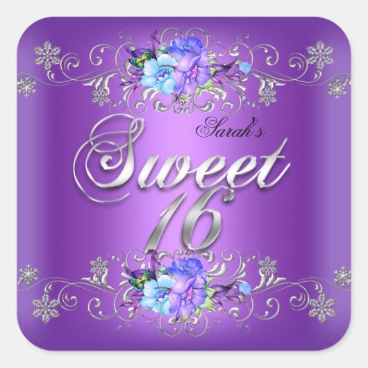 Sticker Carré Douces 16 Douces Seize Fleurs Blanches Violettes (Devant)