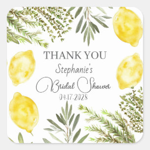 Sticker Carré Douche de Mariage Aquarelle Citrons Herbes Botaniq
