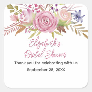 Sticker Carré Douche de mariage botanique aquarelle florale rose
