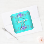 Sticker Carré Doux 16 Sweets sixteens Fleurs violettes Turquoise (Enveloppe)
