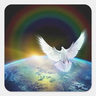 Sticker Carré Dove of peace holy spirit over earth with Rainbow.