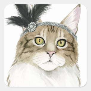 Sticker Carré Downton Cat Orné De Plumes