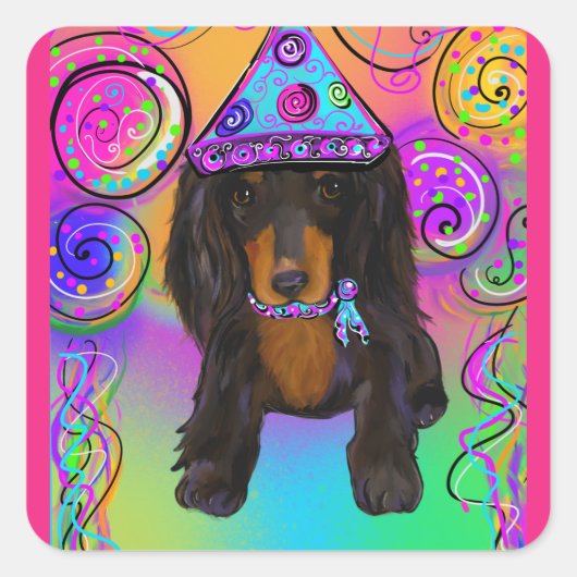 STICKER CARRÉ DOXIE NOIR & FEU À POILS LONGS (Devant)