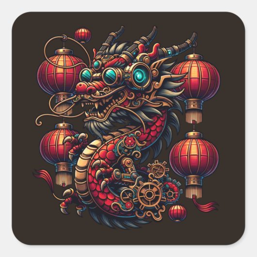 Sticker Carré Dragon chinois de Nouvel An Steampunk (Devant)