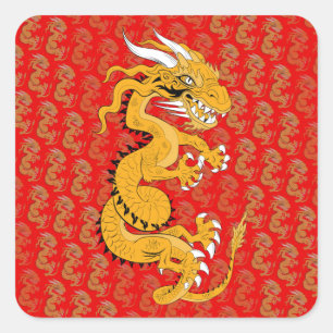 Sticker Carré Dragon d'or sur fond rouge