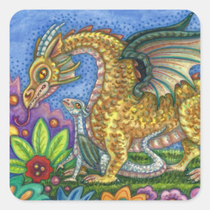STICKER CARRÉ DRAGON MÉDIÉVAL & JEUNE, JARDIN D'ART FOLK COLORÉ