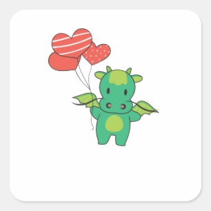 Sticker Carré Dragon Mignons Animaux Avec Coeurs Ballons À