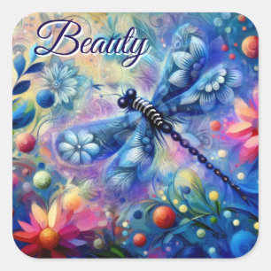 Sticker Carré Dragonfly Abstraite lunaire Floral Turquoise Rose