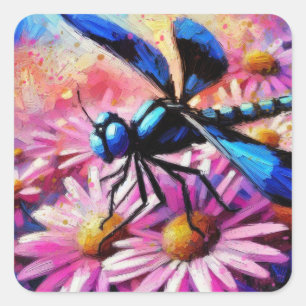 Sticker Carré Dragonfly impressionniste sur les marguerites rose