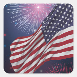 Sticker Carré Drapeau américain et feux d'artifice