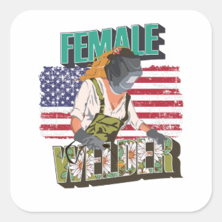 Sticker Carré Drapeau de soudeur féminin USA cadeau pour soudeur