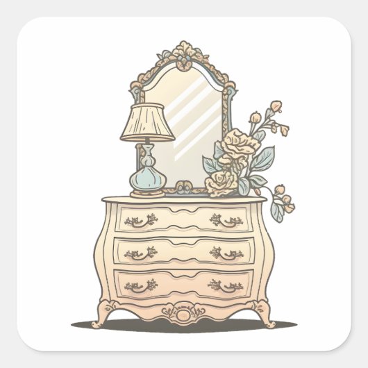 Sticker Carré Dresseur De Chambre Avec Lampe Ancienne Et Fleurs (Devant)