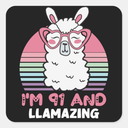 Sticker Carré Drôle Adorable Llama 91e Anniversaire Cadeau Pour (Devant)