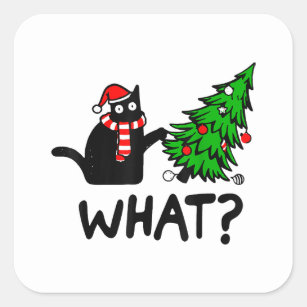 Sticker Carré Drôle cadeau de chat noir Poussant l'arbre de Noël