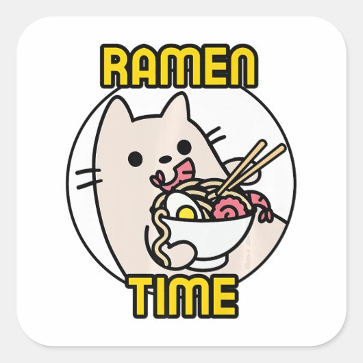 Sticker Carré Drôle Chat Manger Ramen Amoureux des chats Proprié (Devant)
