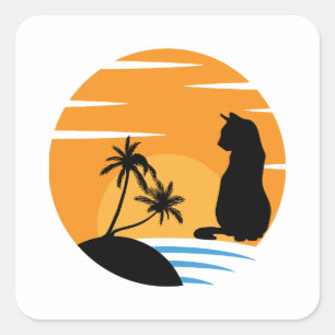 Sticker Carré Drôle Chat Watching Sunset scène - Black Cat Sunse