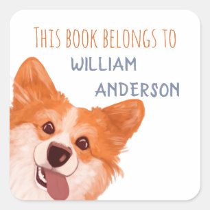Sticker Carré Drôle Chien De Corgi Orange-Ce Livre Appartient Au