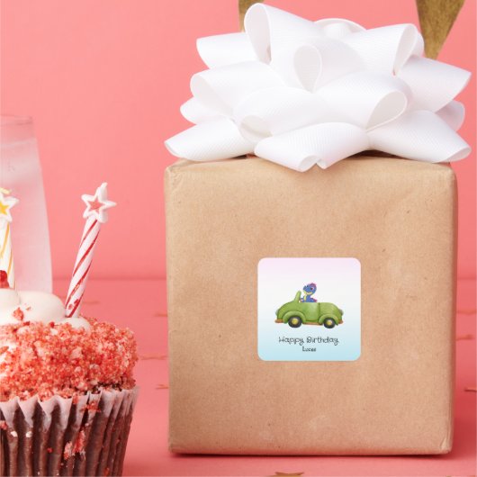 Sticker Carré Drôle dinosaure antique voiture d'anniversaire Éco (Fête)