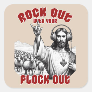 Sticker Carré Drôle Jesus Rock Out avec votre troupeau