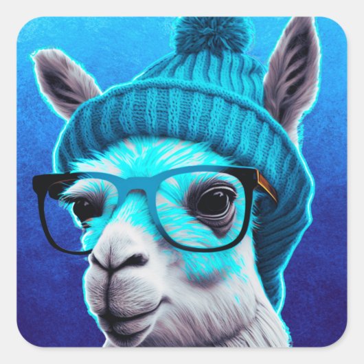 Sticker Carré Drôle Llama Alpaca mignonette Animaux Beanie Casqu (Devant)